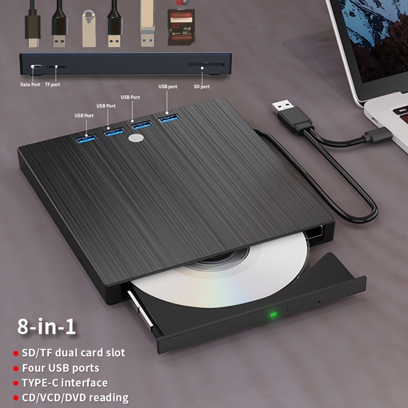7-In-1 Multifunctional/External Player/Read/Write Drive USB C Portable CD/DVD+/-RW Drive/Dvd Player, USB 3.0 USB C Hub DVD CD Burner, Compatible with Laptops Desktops All-In-One Pcs